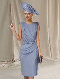 Dusty Blue Crepe Sheath/Column Knee-Length Dress with Draped Bodice and Asymmetrical Overlay