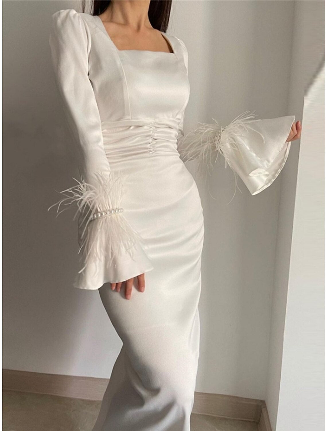 Sheath / Column Evening Gown Elegant Dress Formal Floor Length Long Sleeve Square Neck Satin with Feather Ruched Pearls 2025