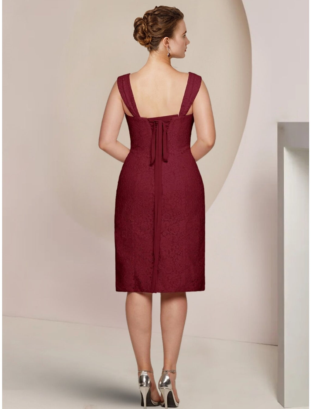 Burgundy Chiffon A-Line Asymmetrical Dress with Square Neck, Lace High-Low Hem & Flowing Overlay