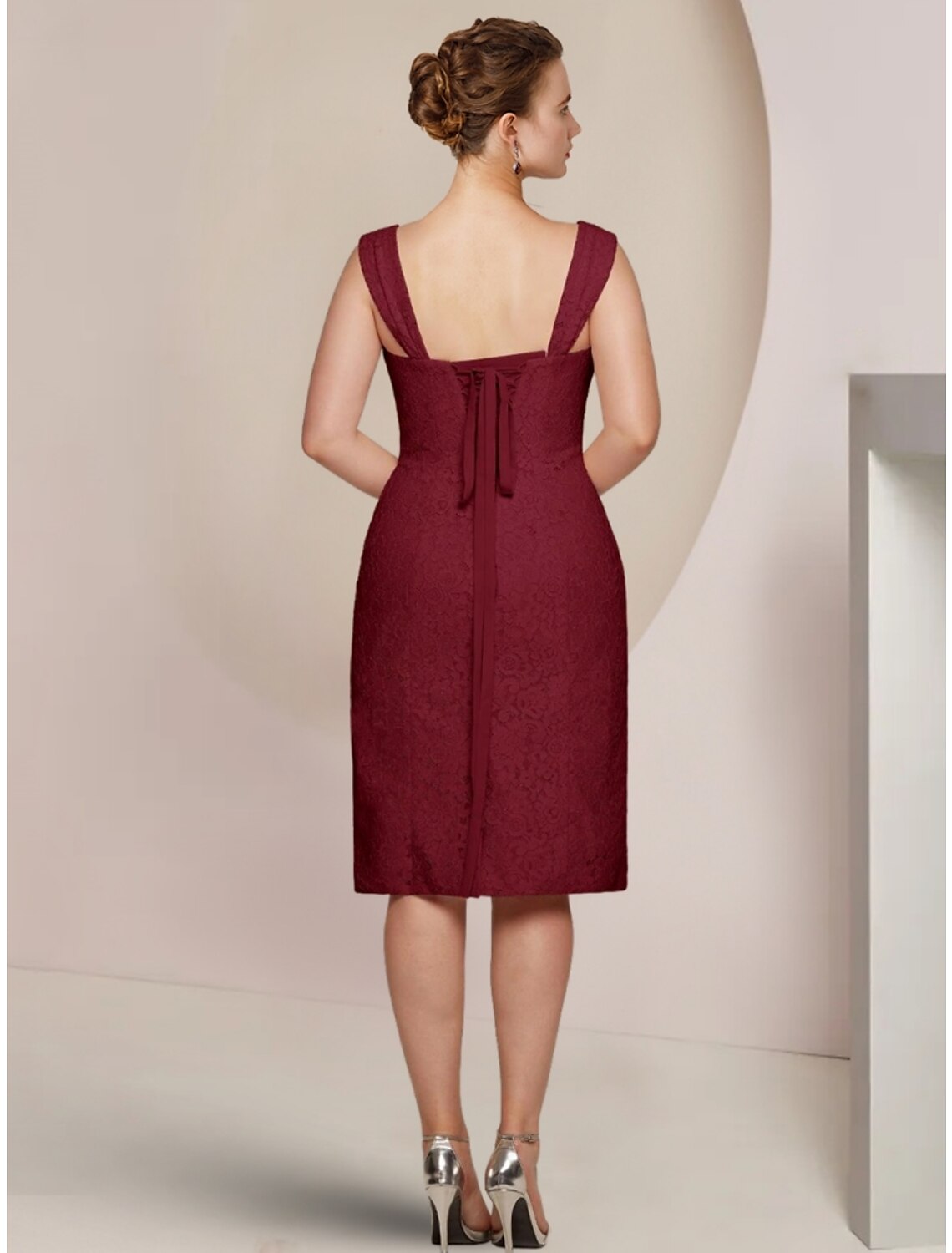 Burgundy Chiffon A-Line Asymmetrical Dress with Square Neck, Lace High-Low Hem & Flowing Overlay