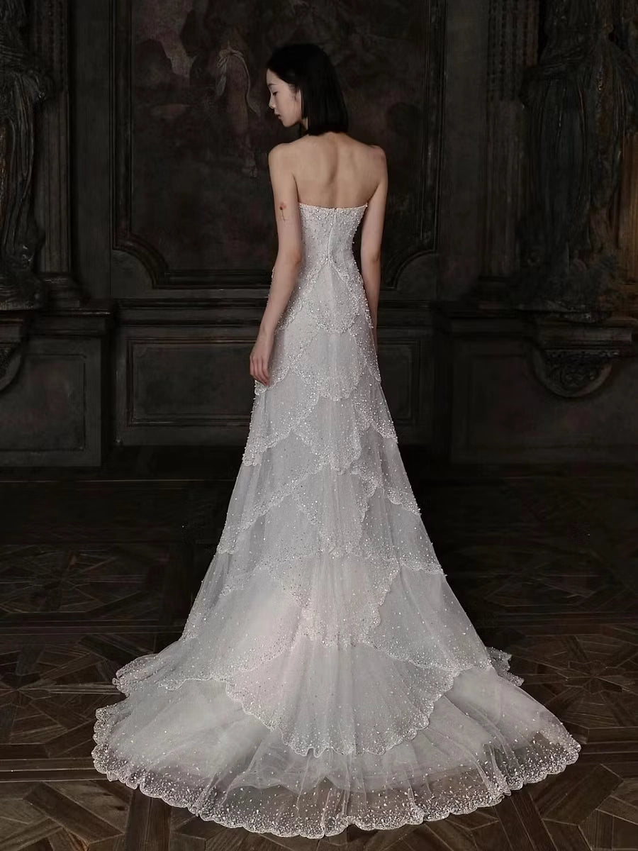 Ivory Beaded Tulle A-Line Sweetheart Zipper Back Floor Length Dress Back View - Jimiss