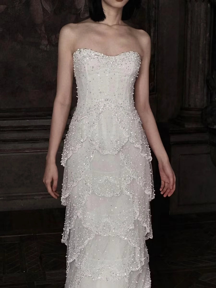 Ivory Beaded Tulle A-Line Sweetheart Zipper Back Floor Length Dress Detail - Jimiss