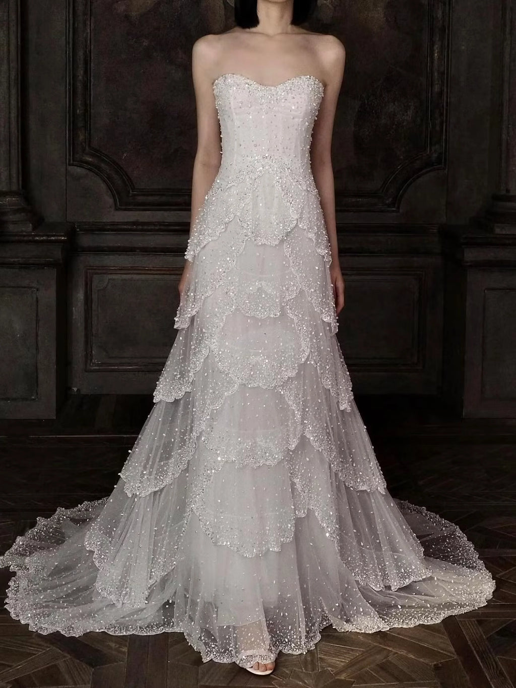 Ivory Beaded Tulle A-Line Sweetheart Zipper Back Floor Length Dress Front View - Jimiss
