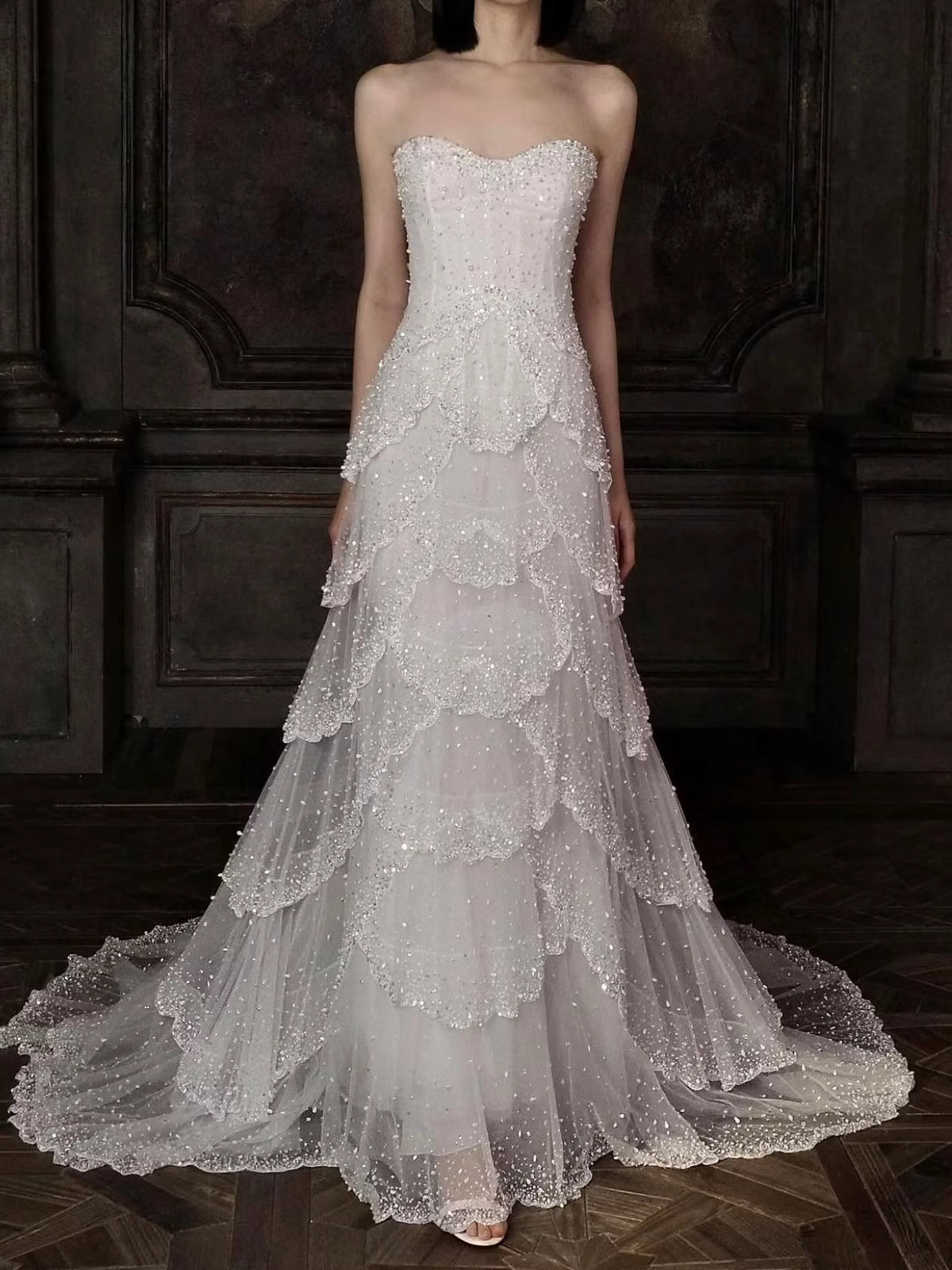 Ivory Beaded Tulle A-Line Sweetheart Zipper Back Floor Length Dress Front View - Jimiss