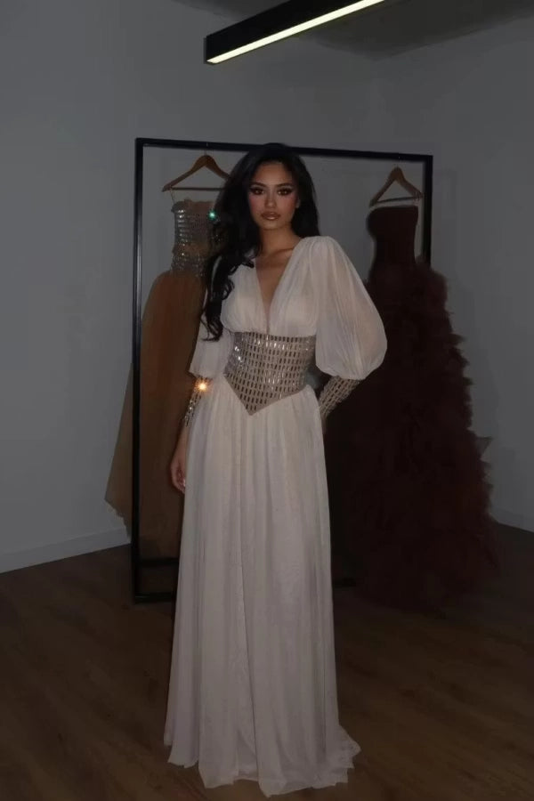 Ivory Chiffon A-Line Plunging V-Neck Lace Up Back Floor-Length Dress - Jimiss