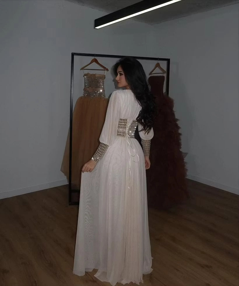 Ivory Chiffon A-Line Plunging V-Neck Lace Up Back Floor-Length Dress - Jimiss