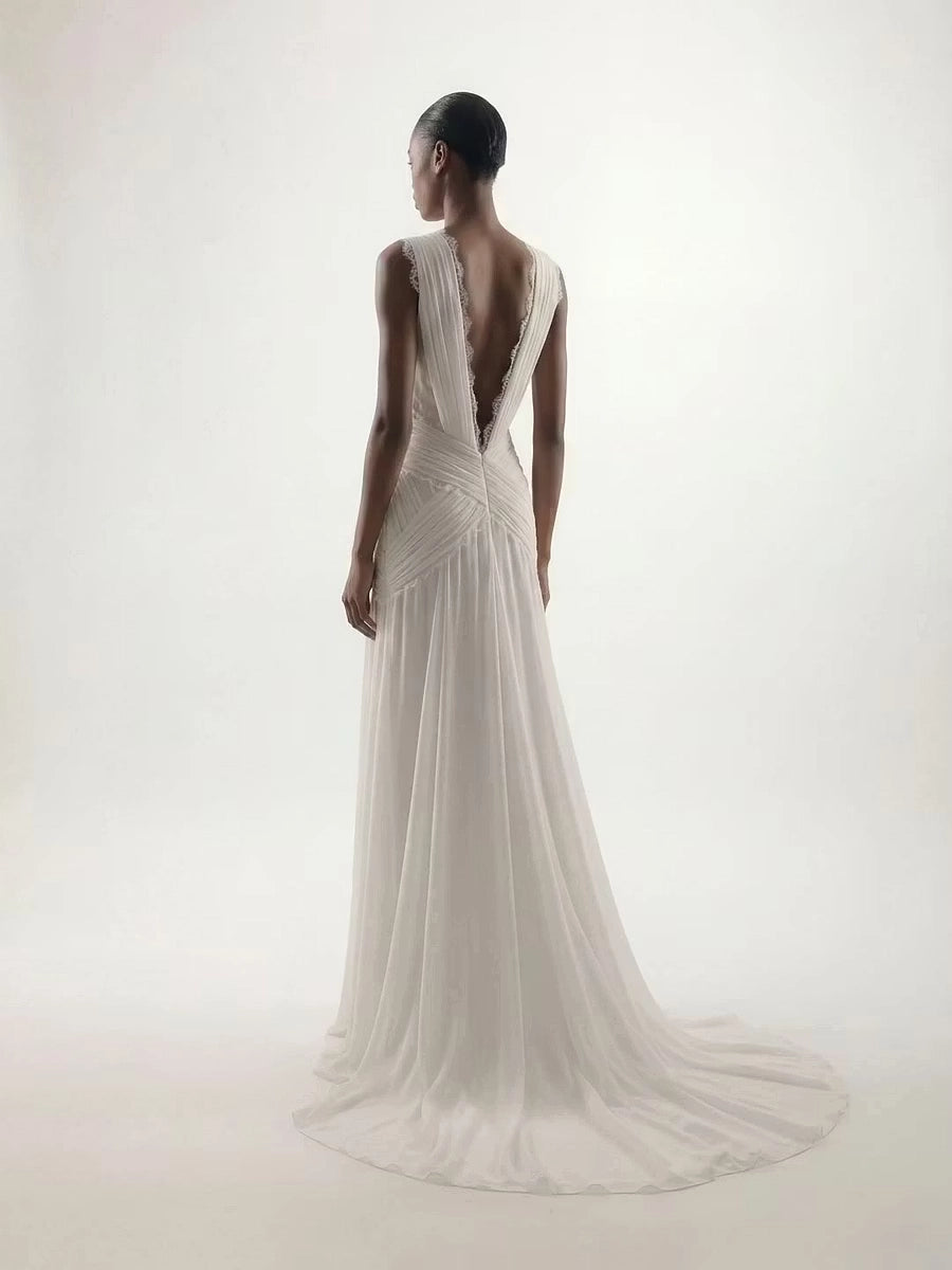 Ivory Chiffon A Line Plunging V-Neck Low V-Back Floor-Length Dress Back View - Jimiss