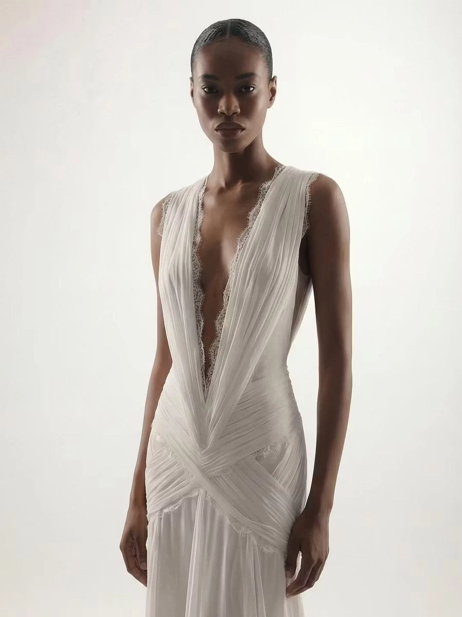 Ivory Chiffon A Line Plunging V-Neck Low V-Back Floor-Length Dress Detail - Jimiss