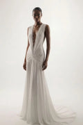 Ivory Chiffon A Line Plunging V-Neck Low V-Back Floor-Length Dress Front View - Jimiss