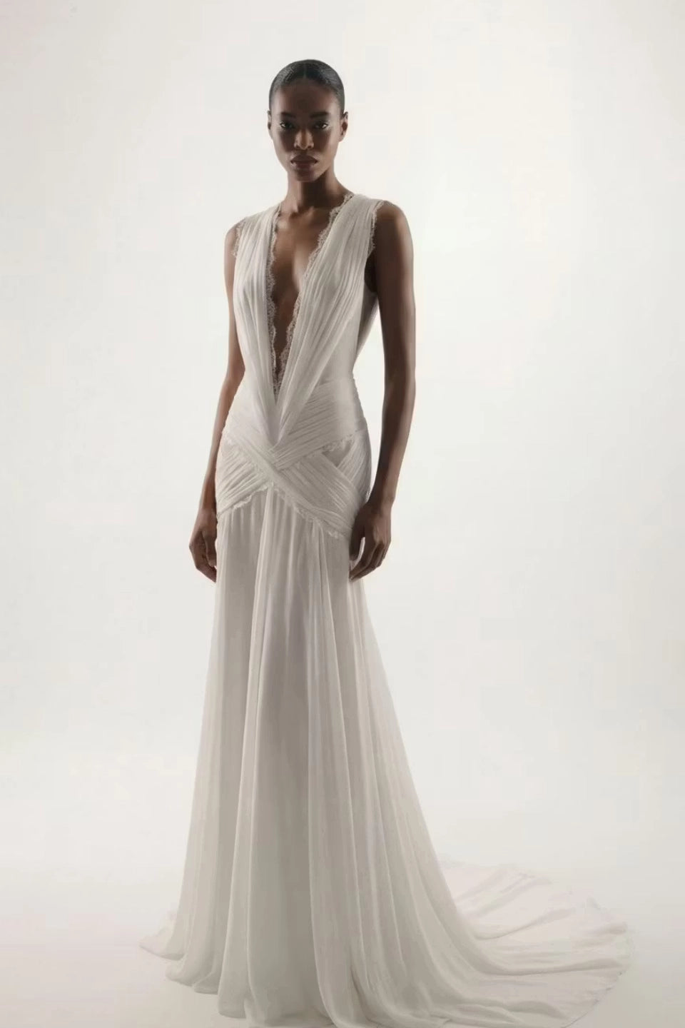 Ivory Chiffon A Line Plunging V-Neck Low V-Back Floor-Length Dress Front View - Jimiss