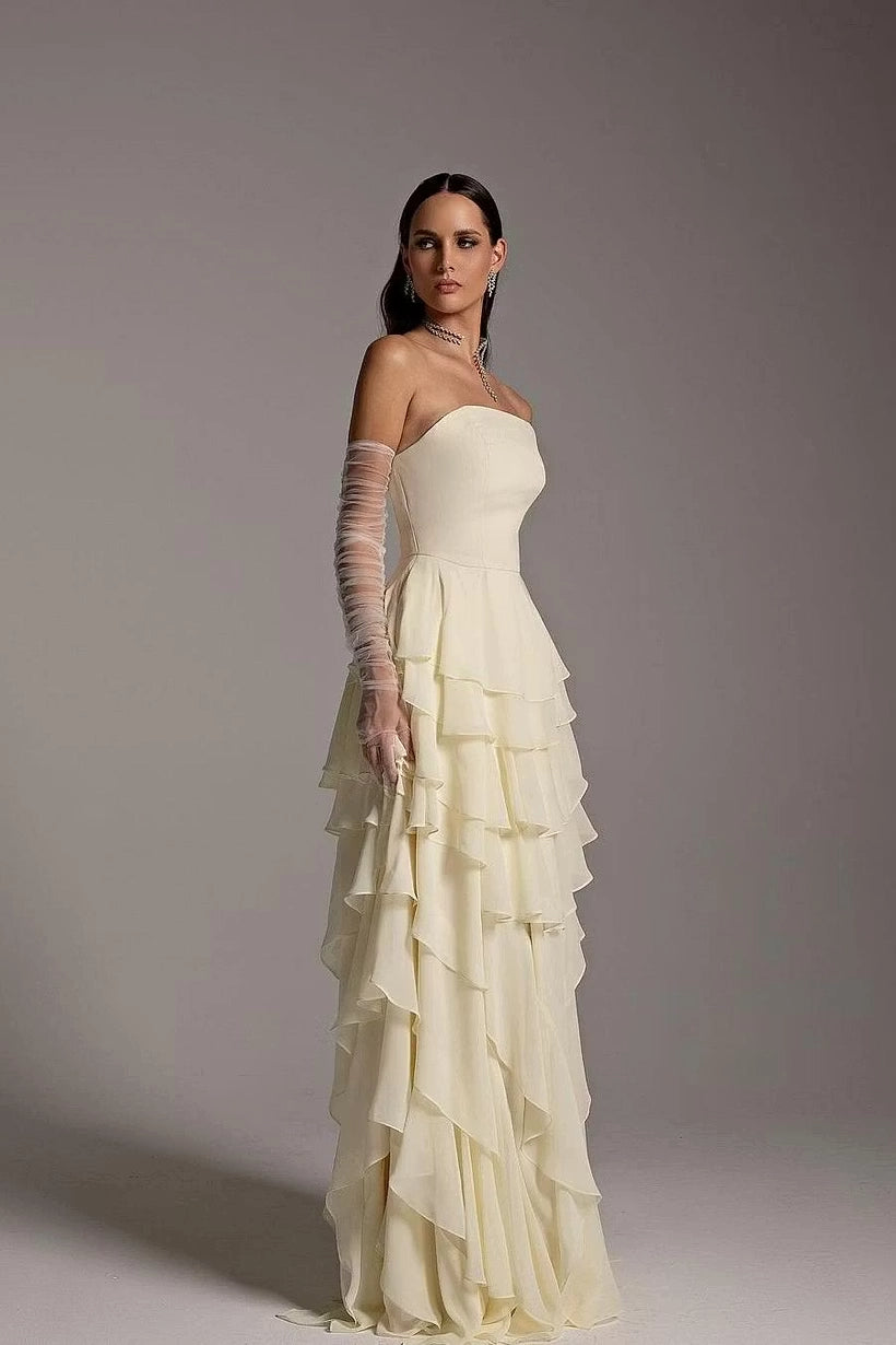 Ivory Chiffon A-Line Straight-Across Zipper Back Floor-Length Dress Detail - Jimiss