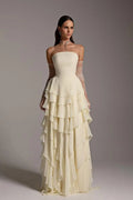 Ivory Chiffon A-Line Straight-Across Zipper Back Floor-Length Dress Front View - Jimiss