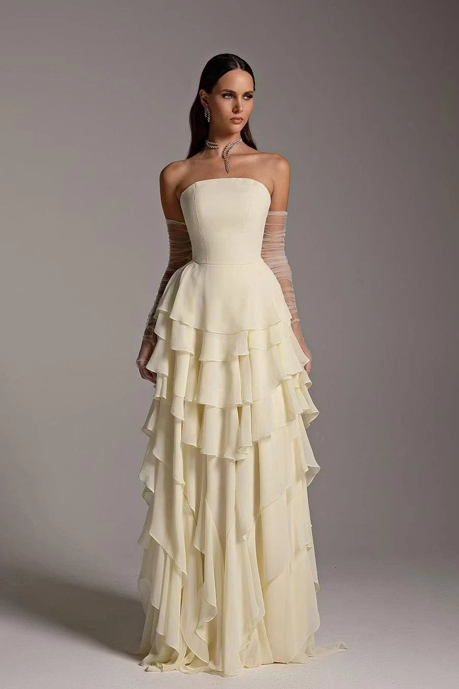 Ivory Chiffon A-Line Straight-Across Zipper Back Floor-Length Dress Front View - Jimiss