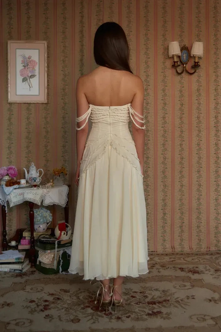 Ivory Chiffon a-line straight-across zipper-back midi Dress Back View - Jimiss