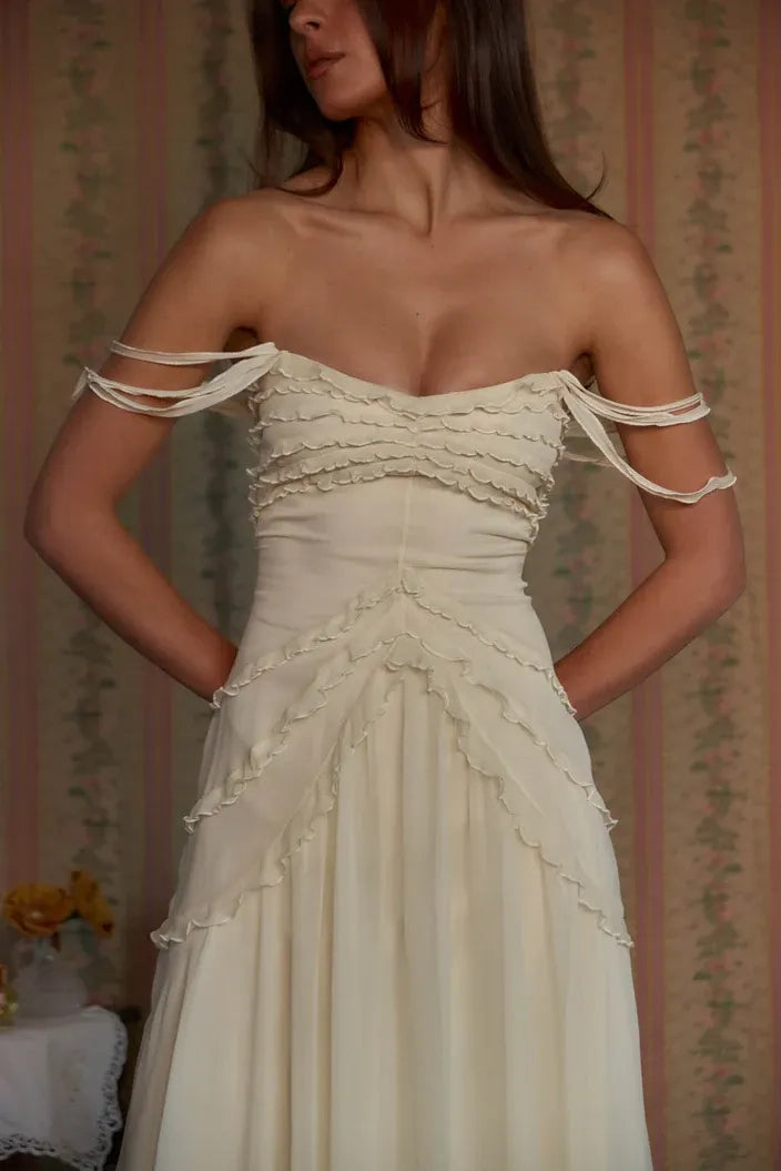 Ivory Chiffon a-line straight-across zipper-back midi Dress Detail - Jimiss