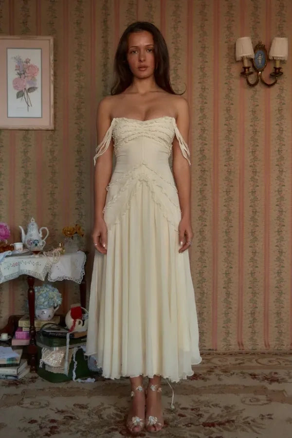 Ivory Chiffon a-line straight-across zipper-back midi Dress Front View - Jimiss