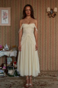 Ivory Chiffon a-line straight-across zipper-back midi Dress Front View - Jimiss