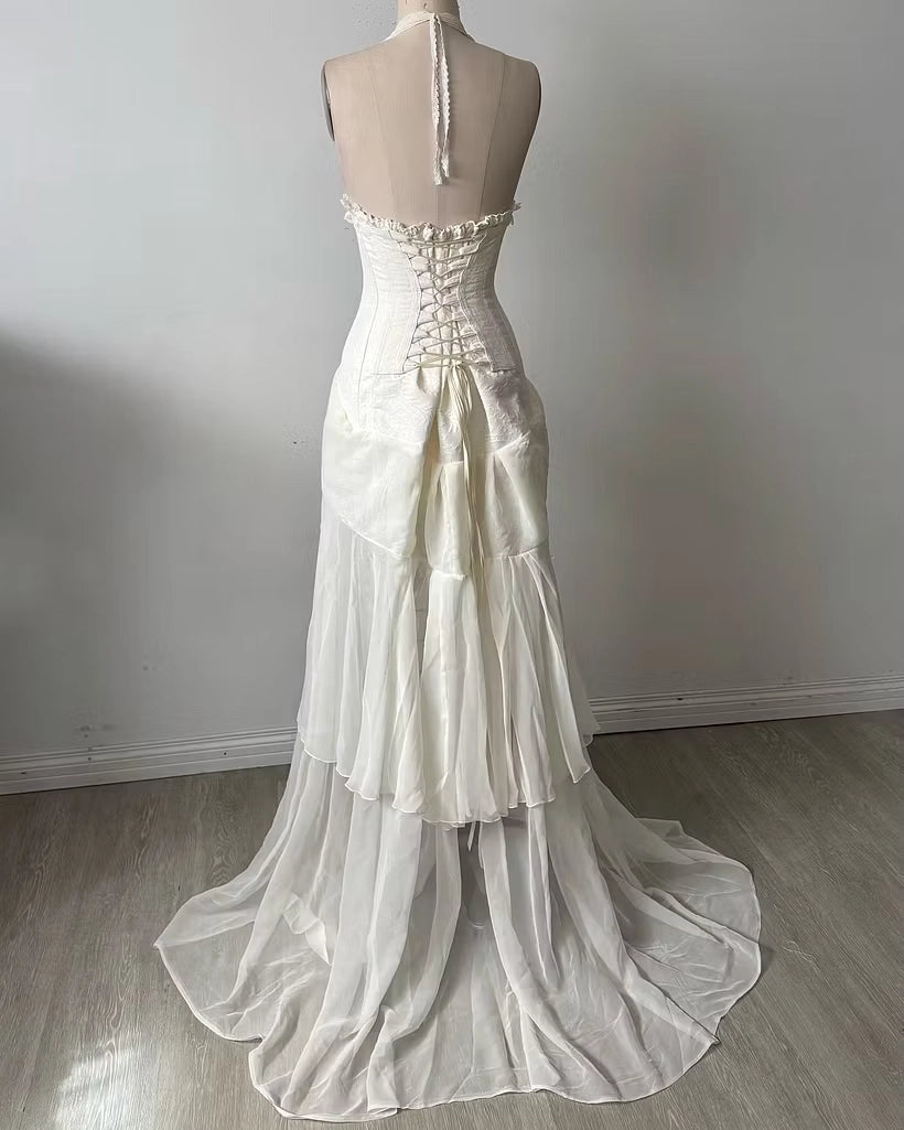 Ivory Chiffon and Lace Mermaid Halter Lace-up Back Floor Length Dress Back View - Jimiss