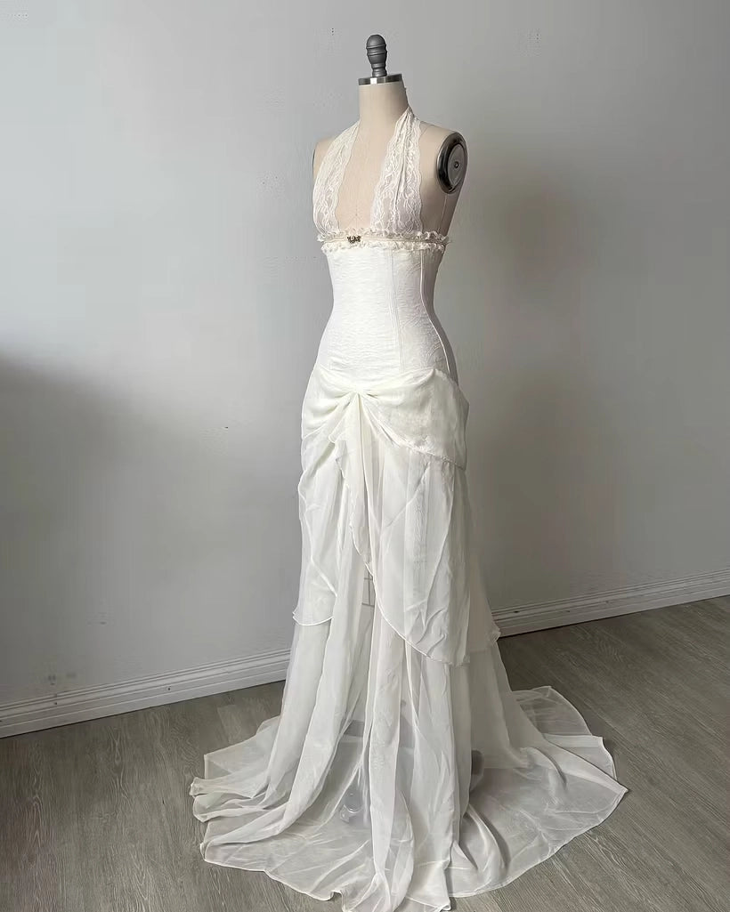 Ivory Chiffon and Lace Mermaid Halter Lace-up Back Floor Length Dress Detail - Jimiss
