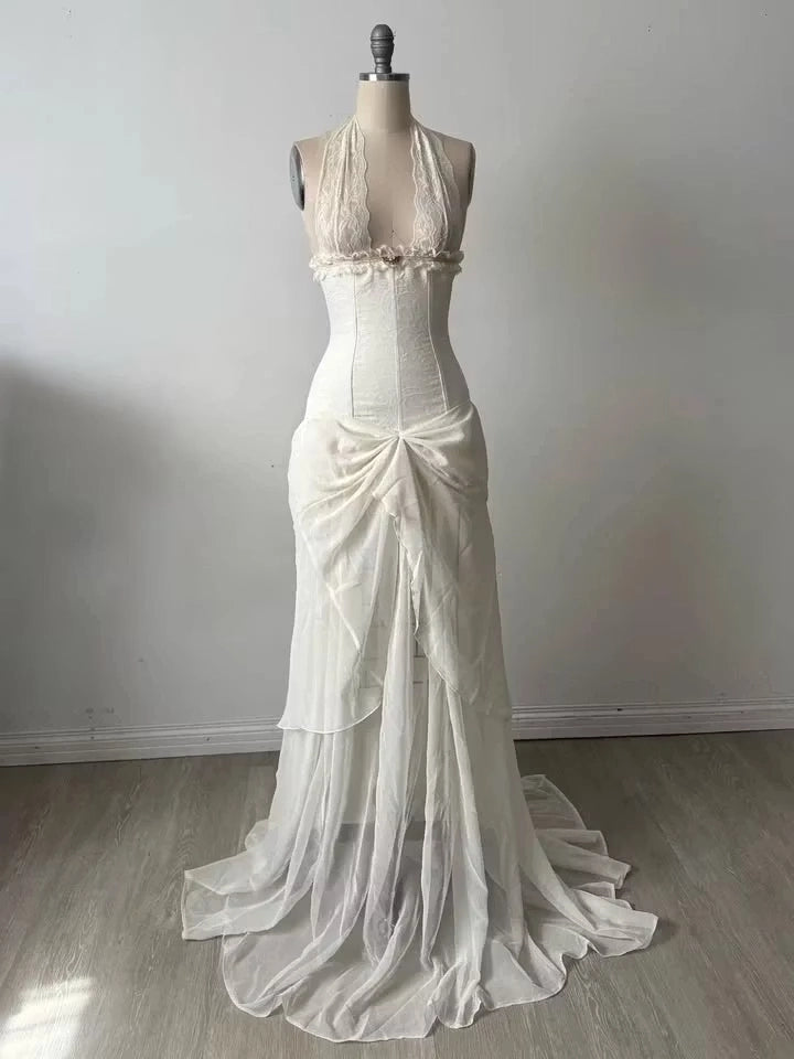 Ivory Chiffon and Lace Mermaid Halter Lace-up Back Floor Length Dress Front View - Jimiss