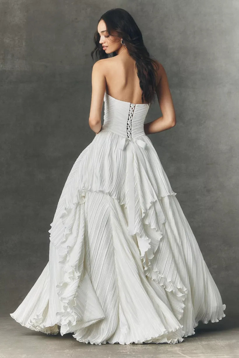 Ivory Chiffon Ball Gown Straight Across Lace Up Back Floor Length Dress Back View - Jimiss