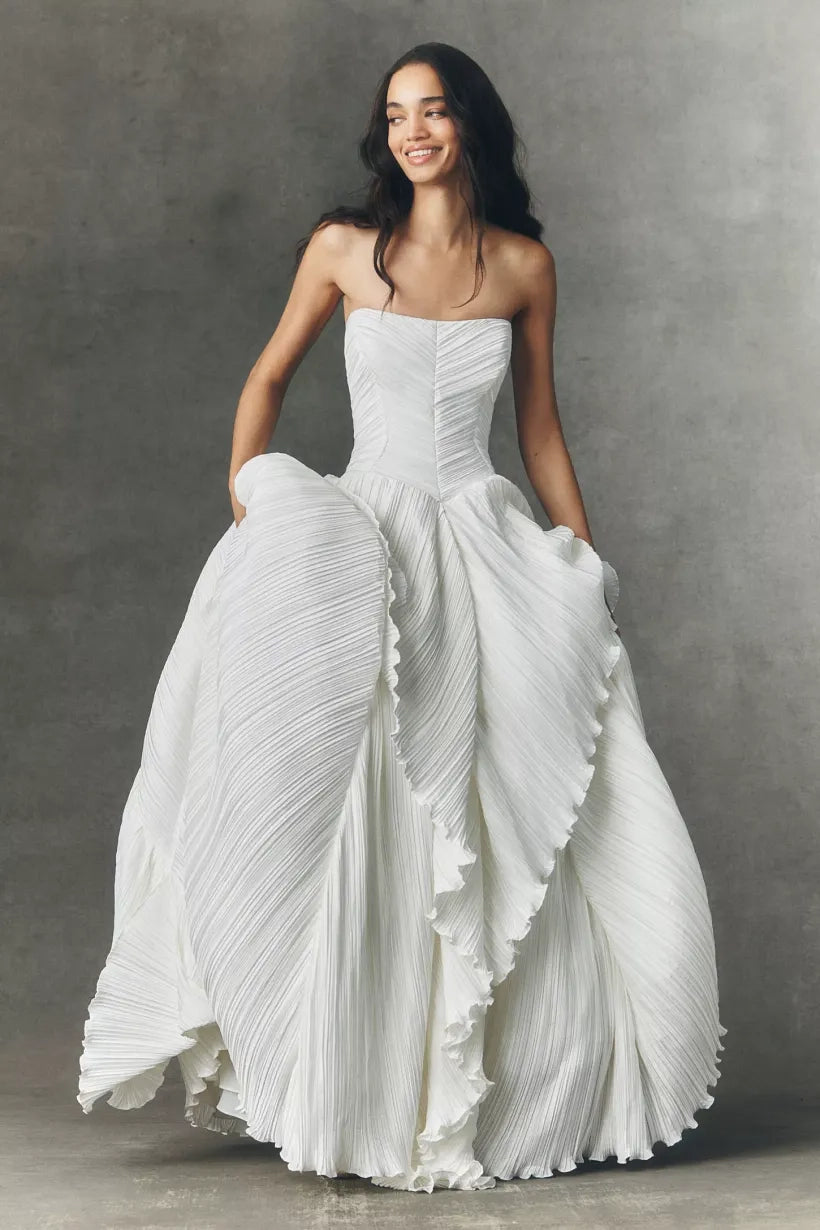 Ivory Chiffon Ball Gown Straight Across Lace Up Back Floor Length Dress Front View - Jimiss