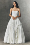 Ivory Chiffon Ball Gown Straight Across Lace Up Back Floor Length Dress Front View - Jimiss