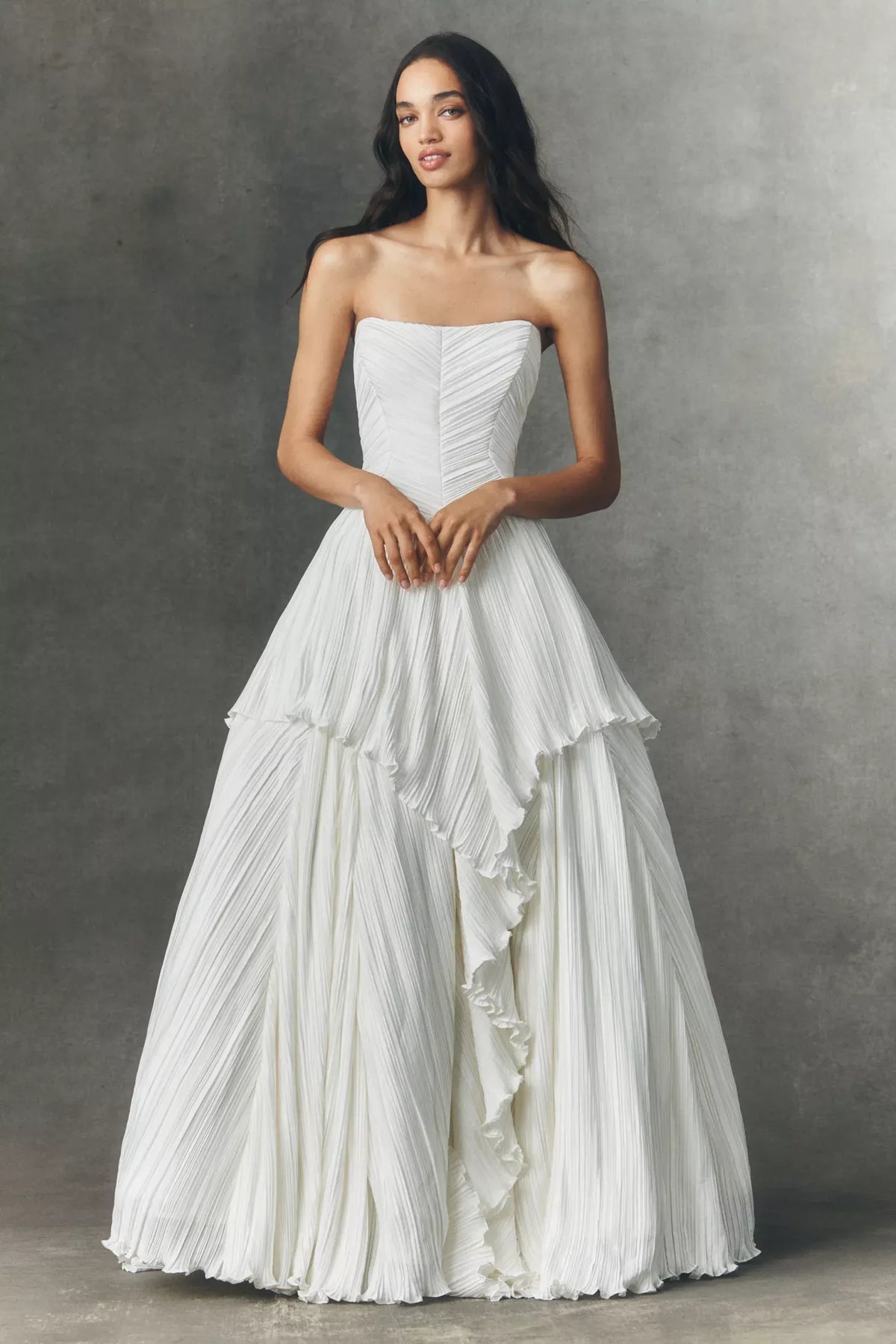 Ivory Chiffon Ball Gown Straight Across Lace Up Back Floor Length Dress Front View - Jimiss