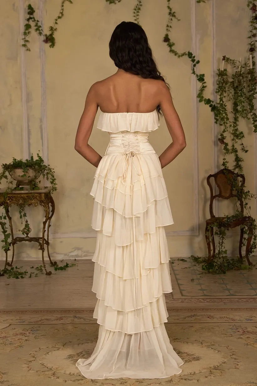 Ivory Chiffon tiered strapless lace-up-back floor-length Dress Back View - Jimiss
