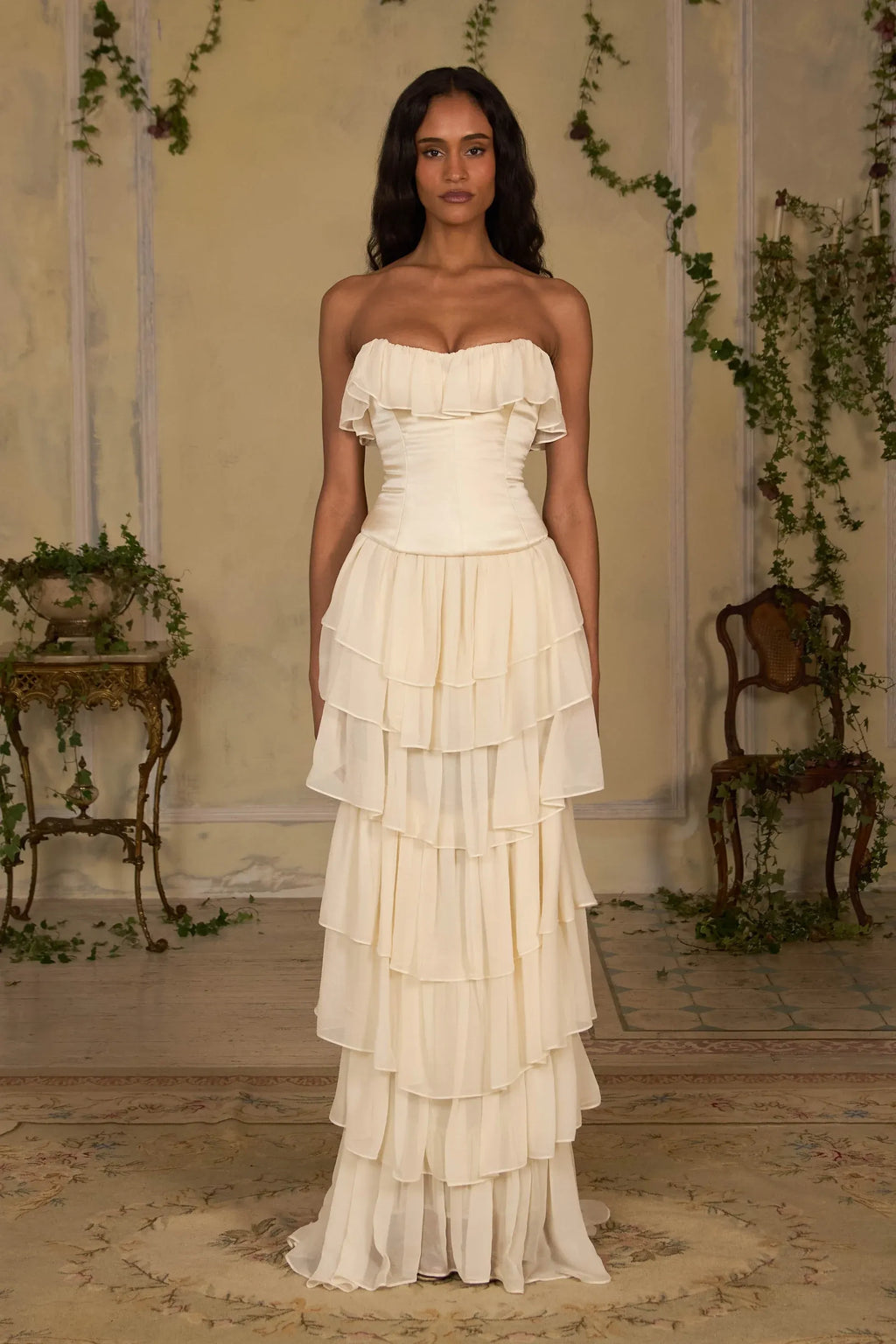 Ivory Chiffon tiered strapless lace-up-back floor-length Dress Front View - Jimiss