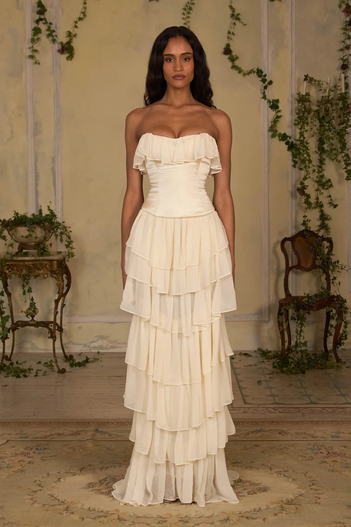 Ivory Chiffon tiered strapless lace-up-back floor-length Dress Front View - Jimiss