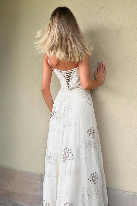 Ivory Chiffon with Sequin Floral Embroidery A-Line Floor Length Dress Back View - Jimiss