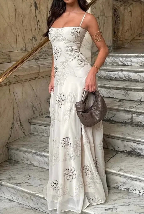 Ivory Chiffon with Sequin Floral Embroidery A-Line Floor Length Dress Detail - Jimiss
