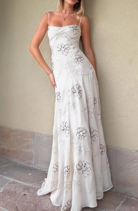 Ivory Chiffon with Sequin Floral Embroidery A-Line Floor Length Dress Front View - Jimiss