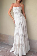 Ivory Chiffon with Sequin Floral Embroidery A-Line Floor Length Dress Front View - Jimiss