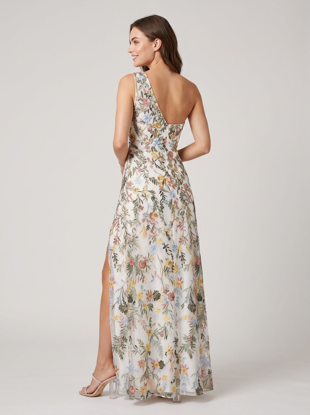 Ivory Floral Embroidered Mesh A-Line One Shoulder Floor Length Dress Back View - Jimiss