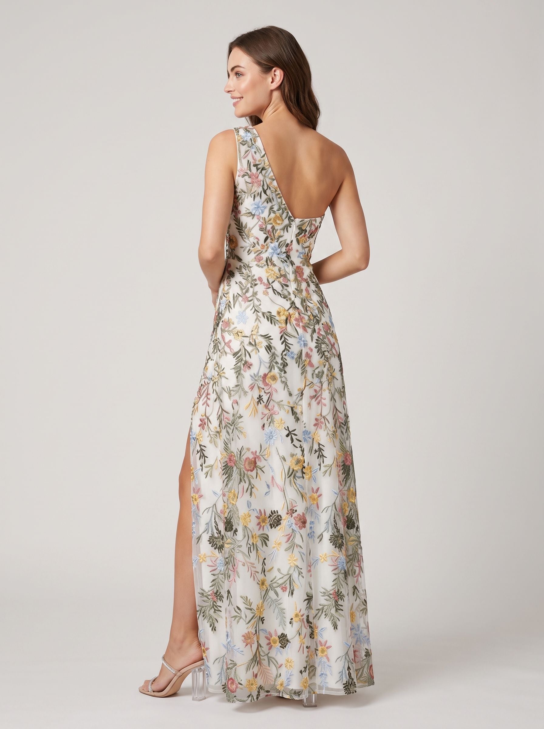 Ivory Floral Embroidered Mesh A-Line One Shoulder Floor Length Dress Back View - Jimiss