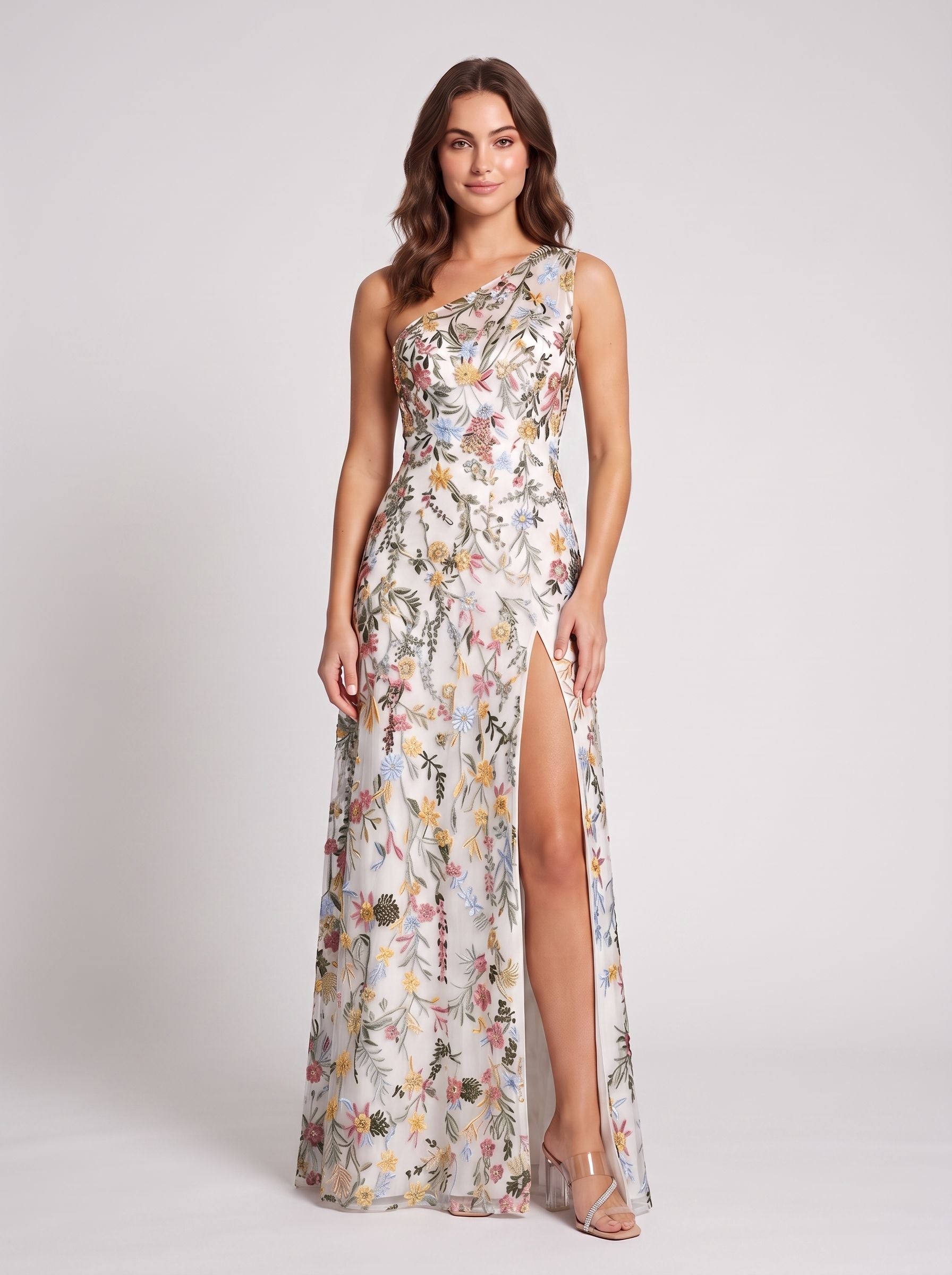 Ivory Floral Embroidered Mesh A-Line One Shoulder Floor Length Dress Front View - Jimiss