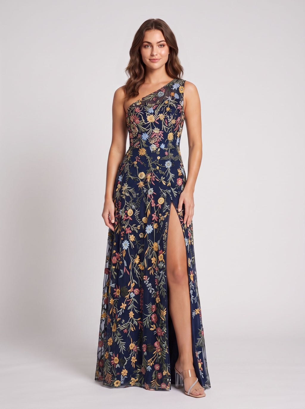 Ivory Floral Embroidered Mesh A-Line One Shoulder Floor Length Dress - Jimiss