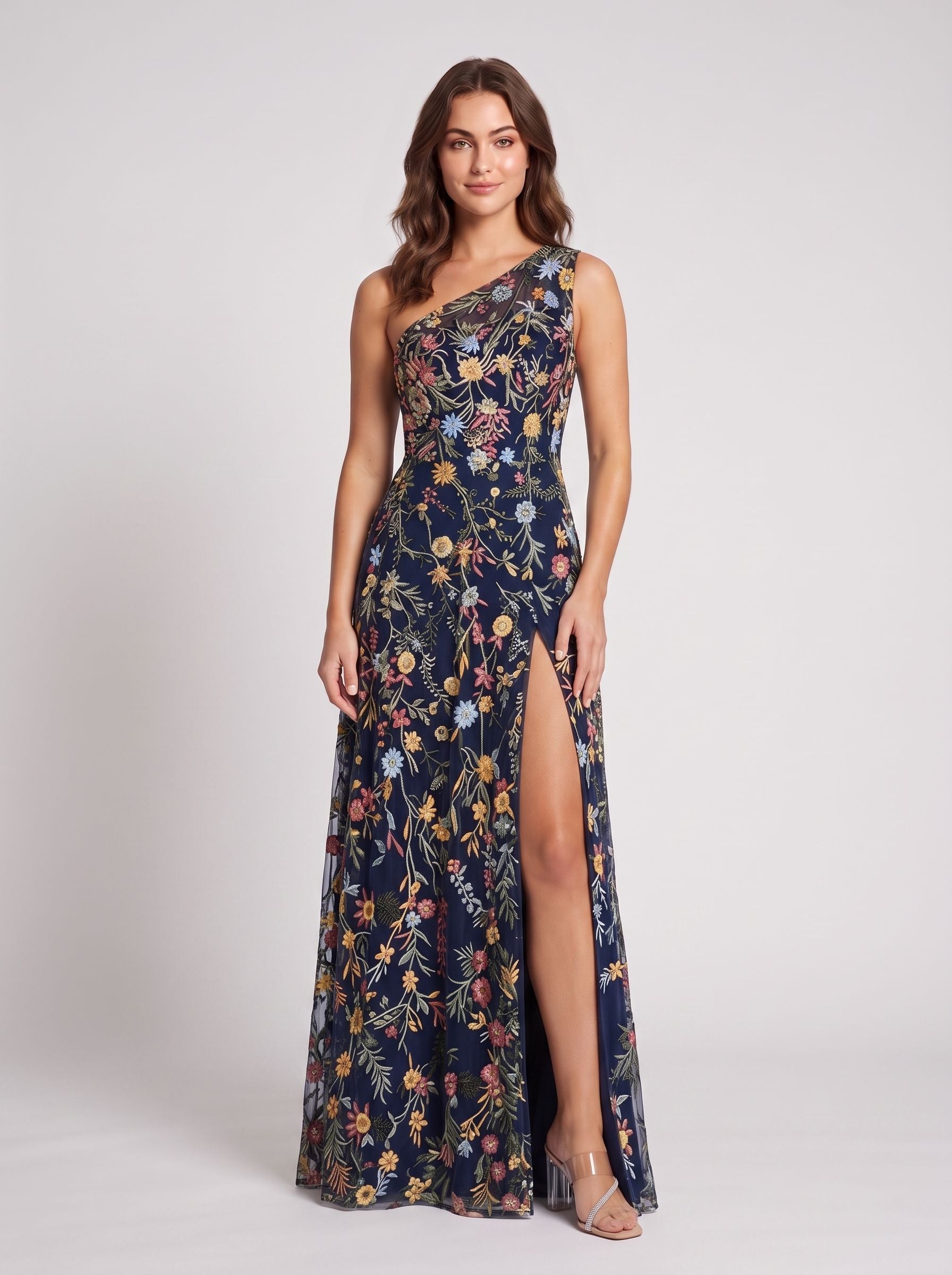 Ivory Floral Embroidered Mesh A-Line One Shoulder Floor Length Dress - Jimiss