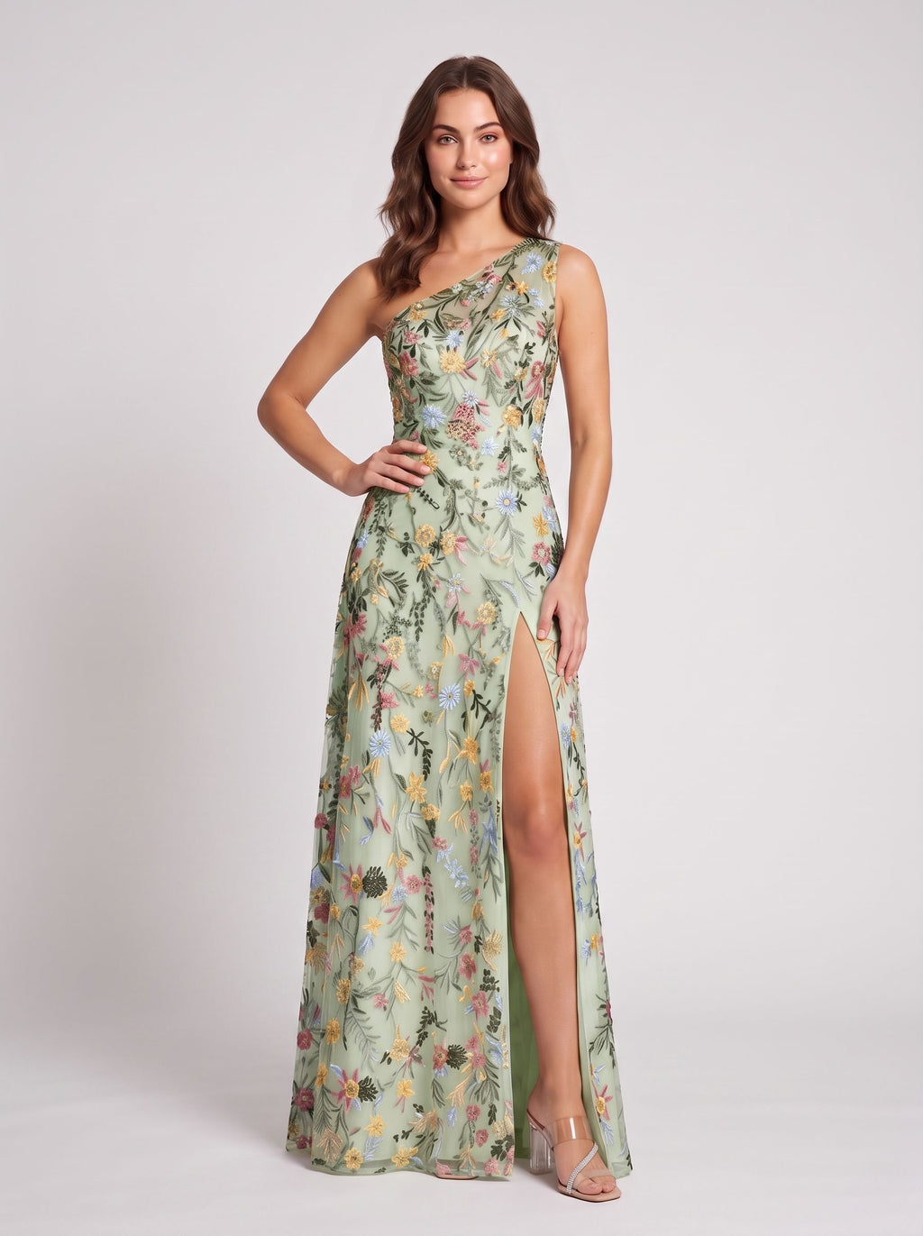 Ivory Floral Embroidered Mesh A-Line One Shoulder Floor Length Dress - Jimiss