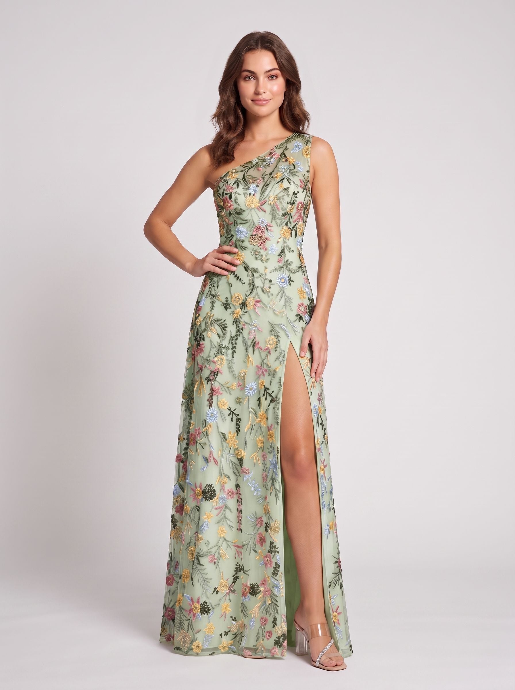 Ivory Floral Embroidered Mesh A-Line One Shoulder Floor Length Dress - Jimiss