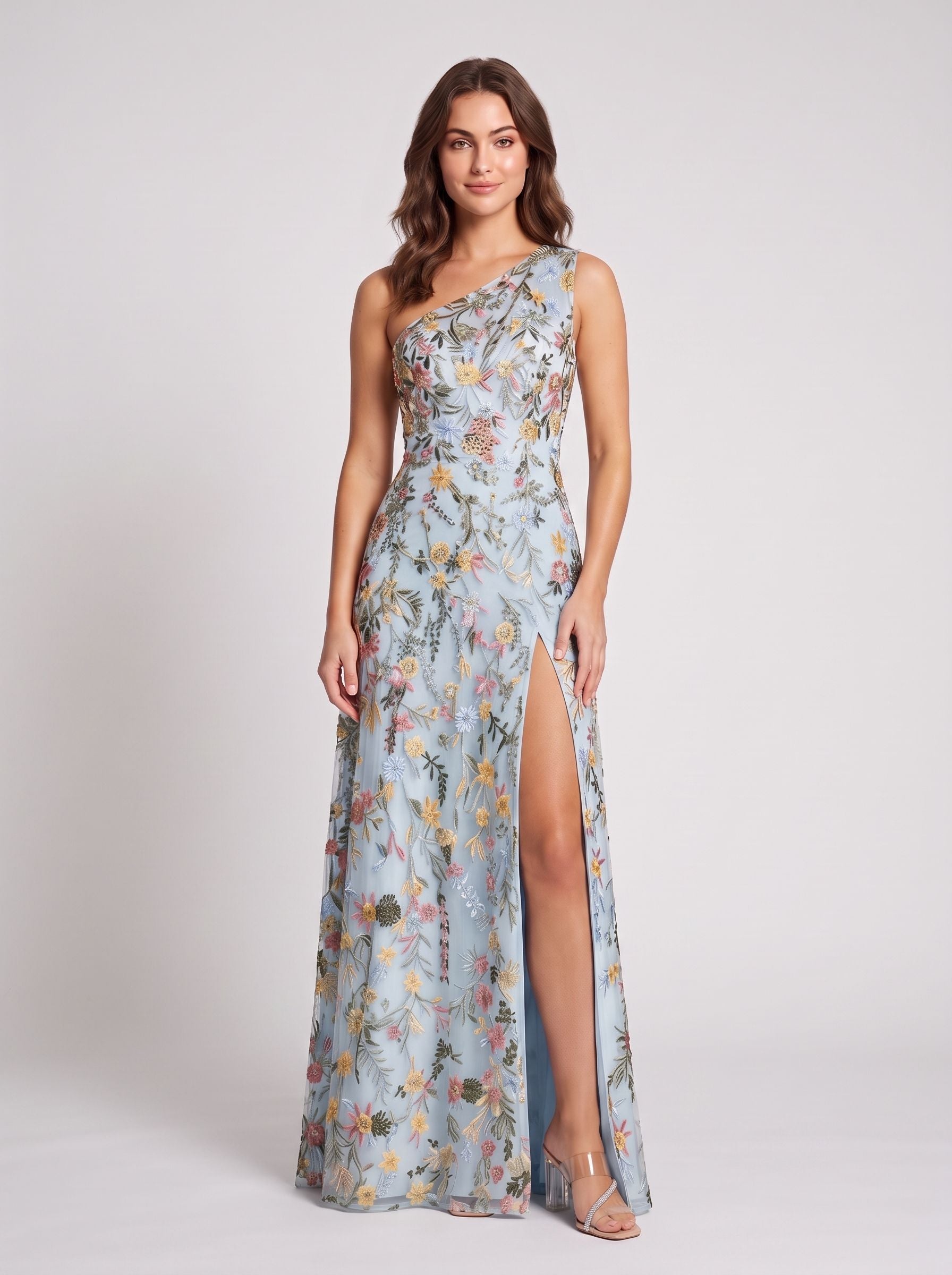 Ivory Floral Embroidered Mesh A-Line One Shoulder Floor Length Dress - Jimiss