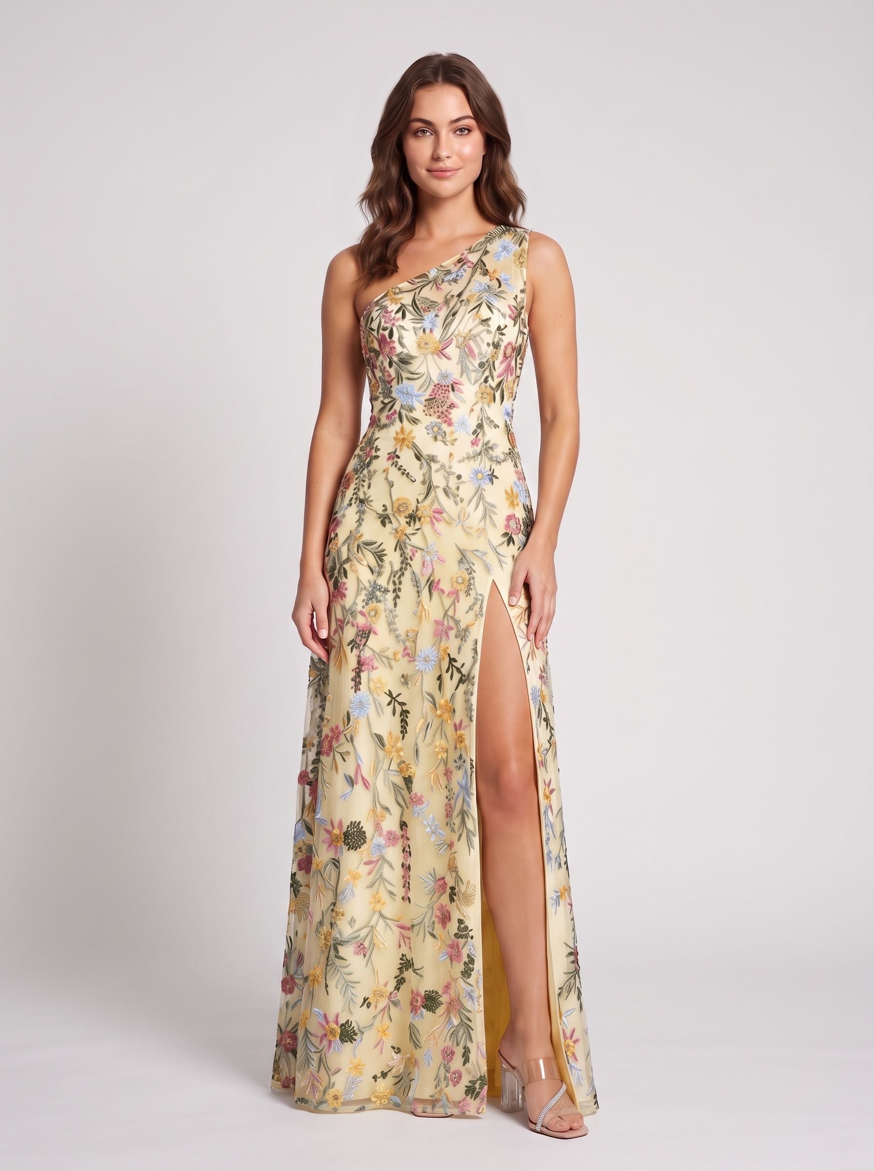 Ivory Floral Embroidered Mesh A-Line One Shoulder Floor Length Dress - Jimiss