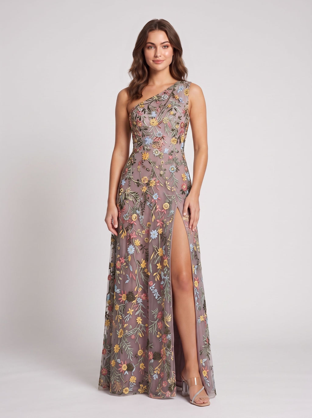 Ivory Floral Embroidered Mesh A-Line One Shoulder Floor Length Dress - Jimiss