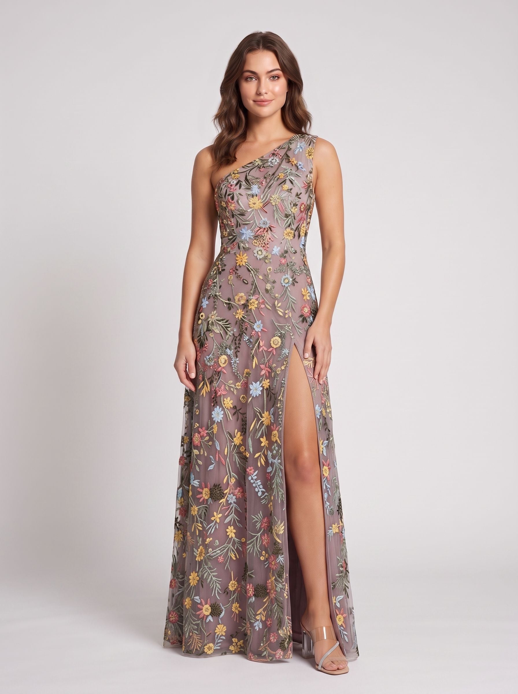 Ivory Floral Embroidered Mesh A-Line One Shoulder Floor Length Dress - Jimiss