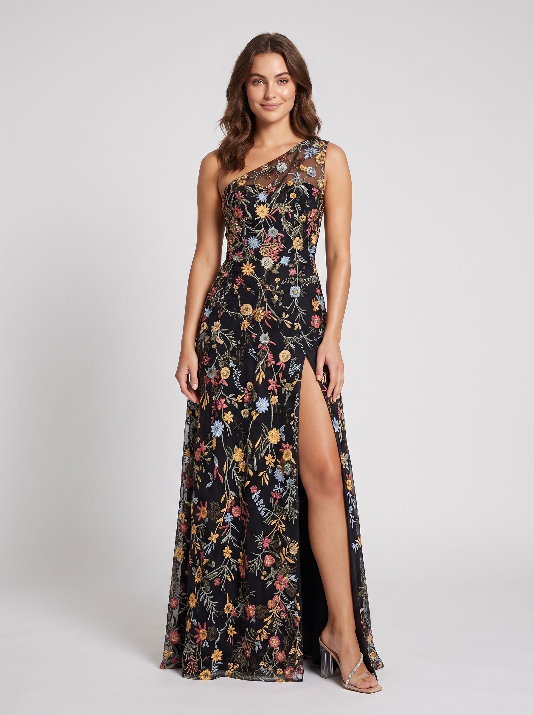 Ivory Floral Embroidered Mesh A-Line One Shoulder Floor Length Dress - Jimiss