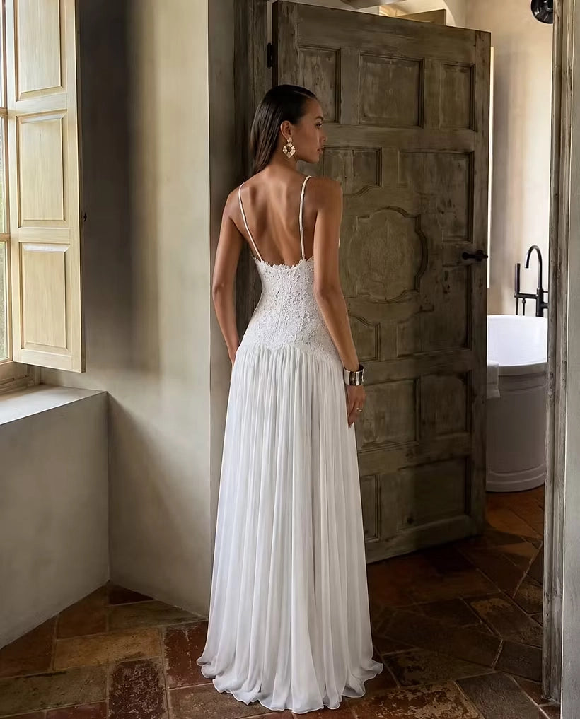 Ivory Lace A-Line Halter Low-Back Floor-Length Dress Back View - Jimiss