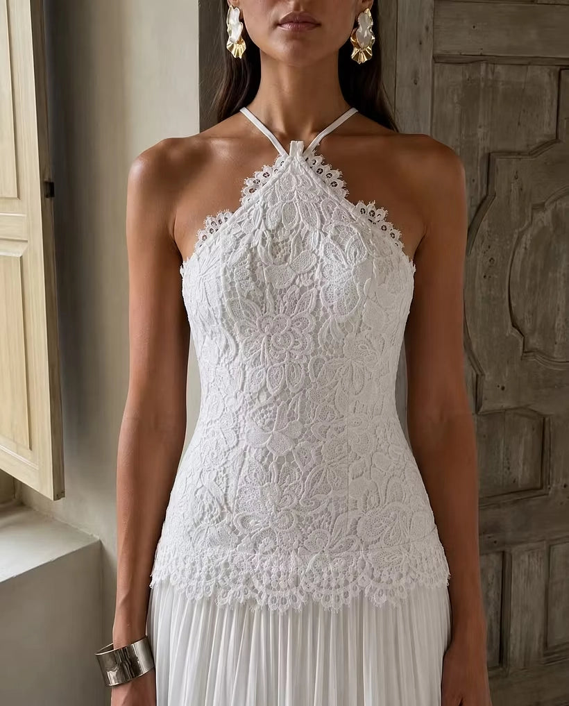 Ivory Lace A-Line Halter Low-Back Floor-Length Dress Detail - Jimiss
