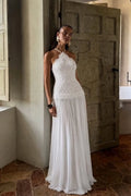 Ivory Lace A-Line Halter Low-Back Floor-Length Dress Front View - Jimiss